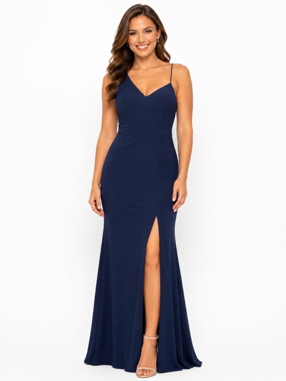 XSCAPE - Asymmetrical Spaghetti Strap Front‎ Slit Gown